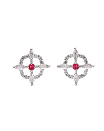 VOJ Silver Plated Ruby Red Circular Stone Studded Sun Shaped Ad Pendant With Chain Set