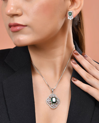 VOJ Silver Plated Green Rectangular Shaped Ad Chain Set