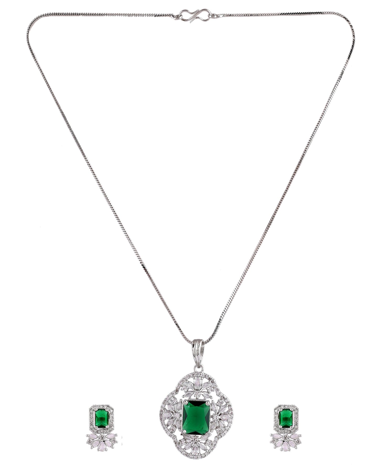 VOJ Silver Plated Green Rectangular Shaped Ad Chain Set