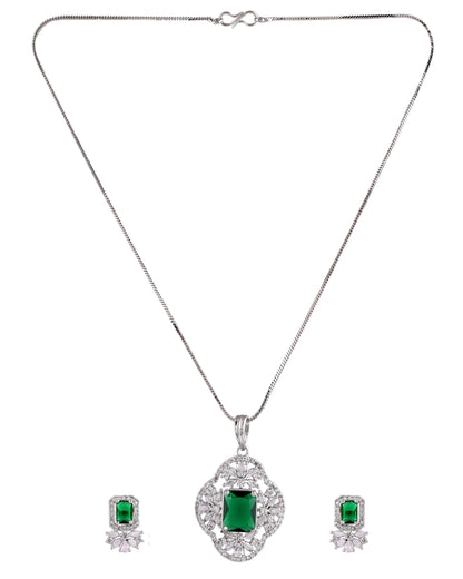 VOJ Silver Plated Green Rectangular Shaped Ad Chain Set