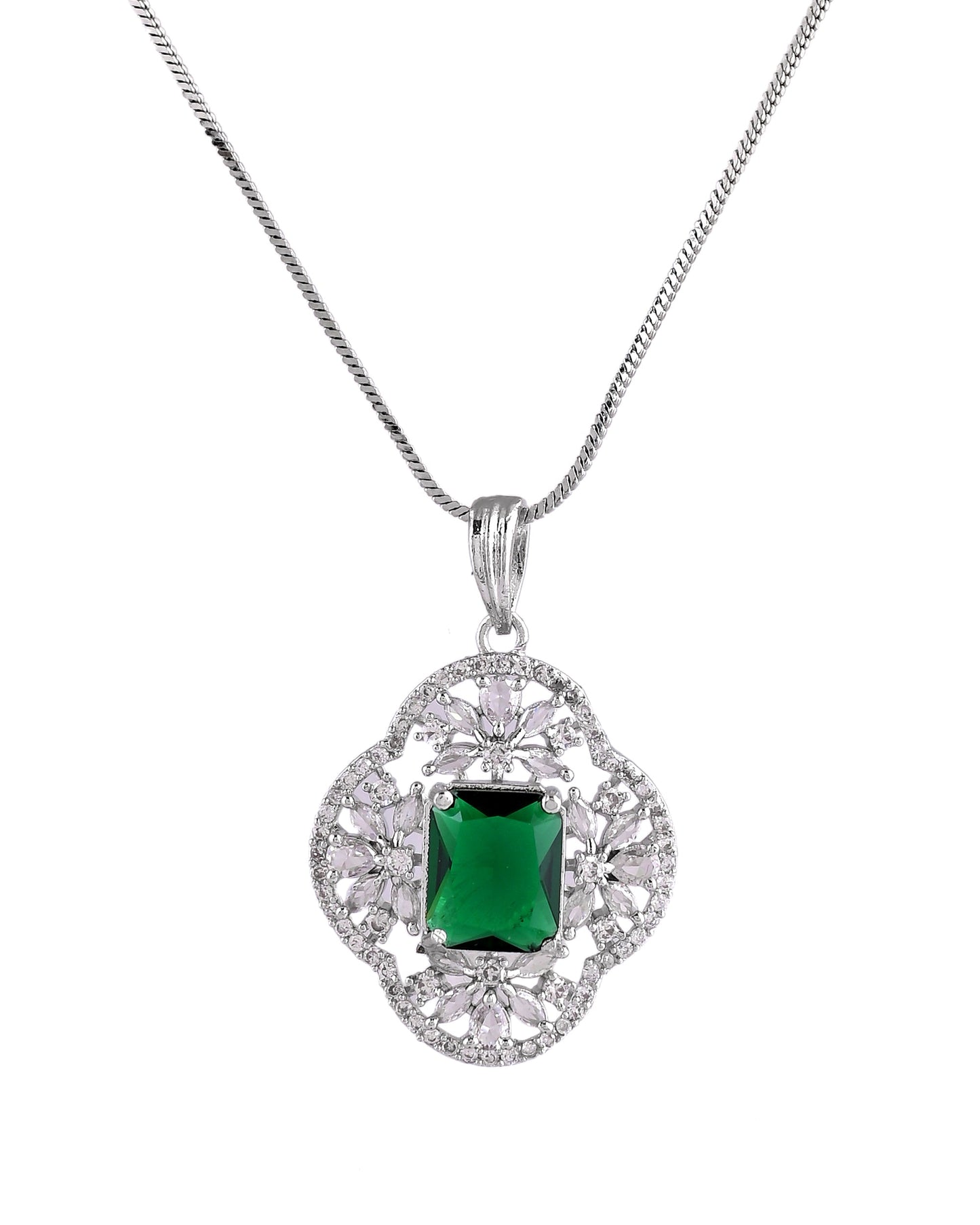VOJ Silver Plated Green Rectangular Shaped Ad Chain Set