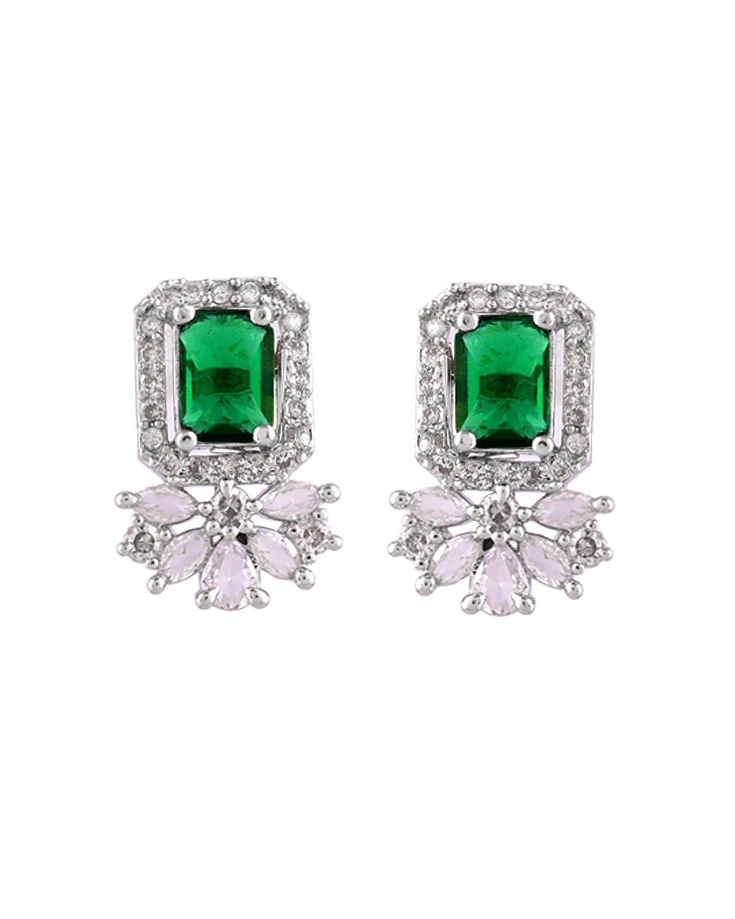 VOJ Silver Plated Green Rectangular Shaped Ad Chain Set