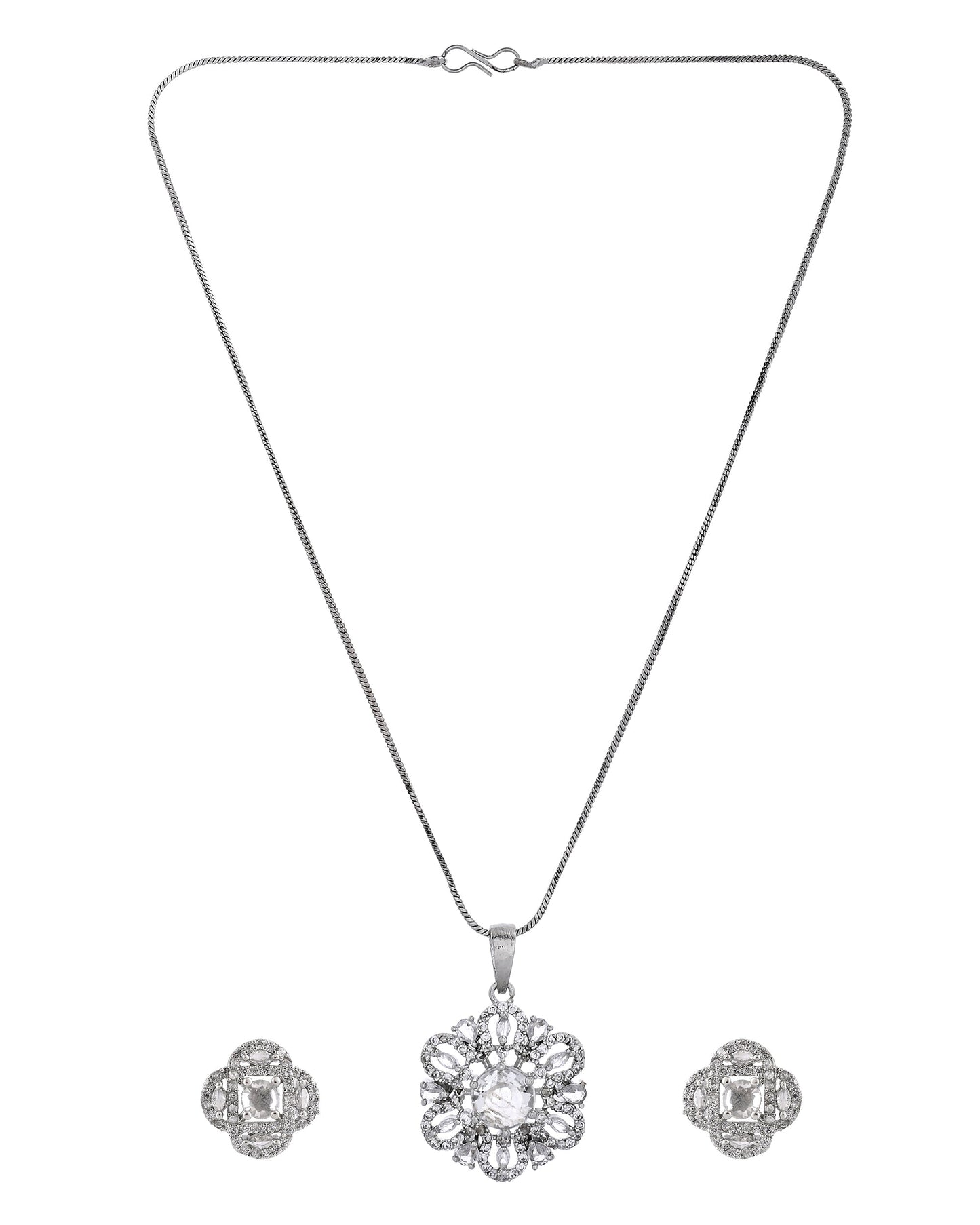 VOJ Silver Plated Circular Shaped Floral Ad Chain Set