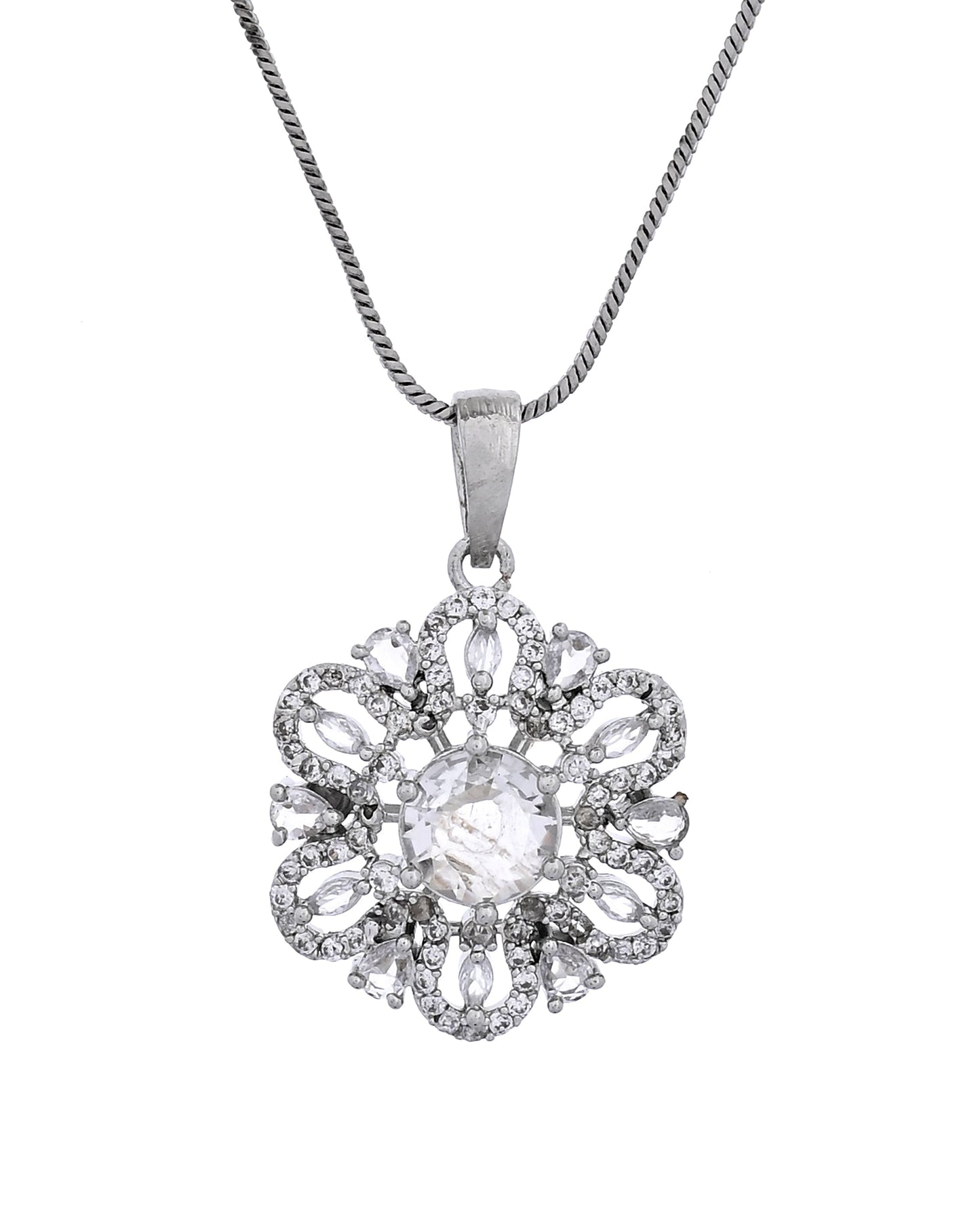 VOJ Silver Plated Circular Shaped Floral Ad Chain Set