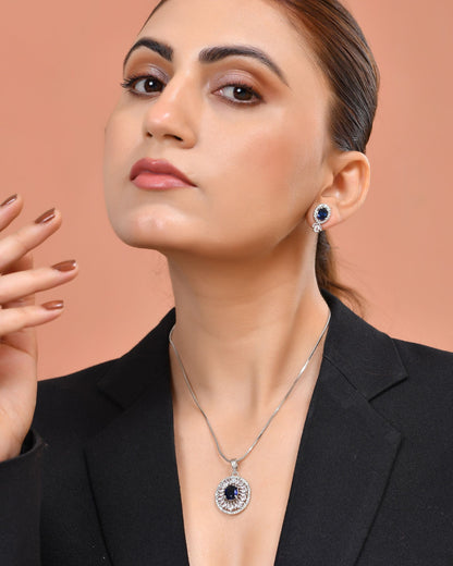 VOJ Silver Plated Oval Shaped Blue Stone Studded Ad Chain Set