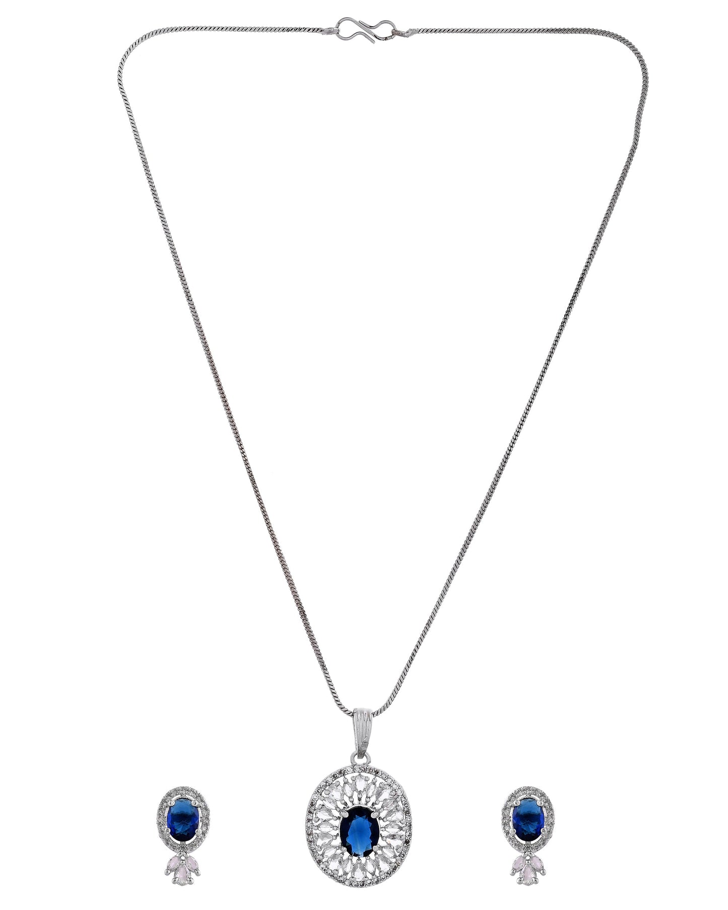 VOJ Silver Plated Oval Shaped Blue Stone Studded Ad Chain Set