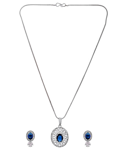 VOJ Silver Plated Oval Shaped Blue Stone Studded Ad Chain Set