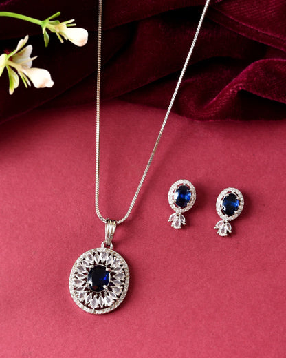 VOJ Silver Plated Oval Shaped Blue Stone Studded Ad Chain Set