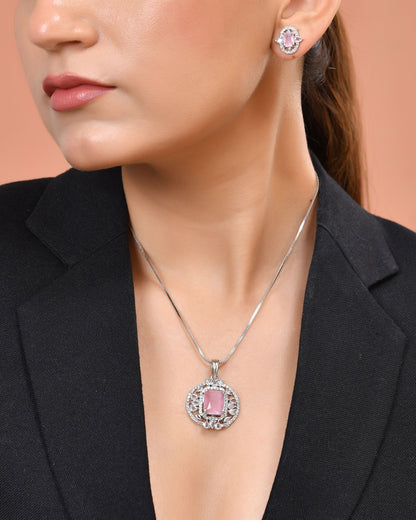 VOJ Silver Plated Baby Pink Rectangular Shaped Ad Chain Set