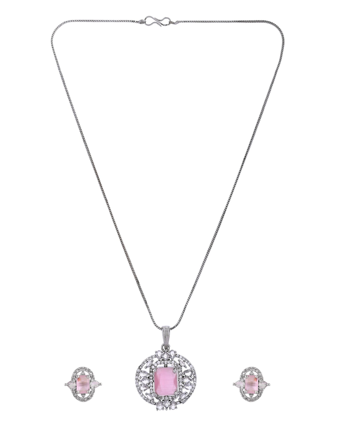 VOJ Silver Plated Baby Pink Rectangular Shaped Ad Chain Set