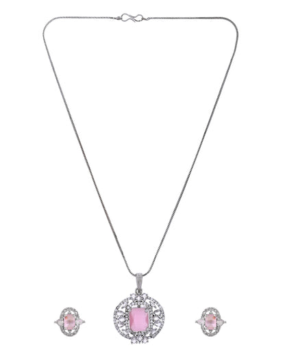 VOJ Silver Plated Baby Pink Rectangular Shaped Ad Chain Set
