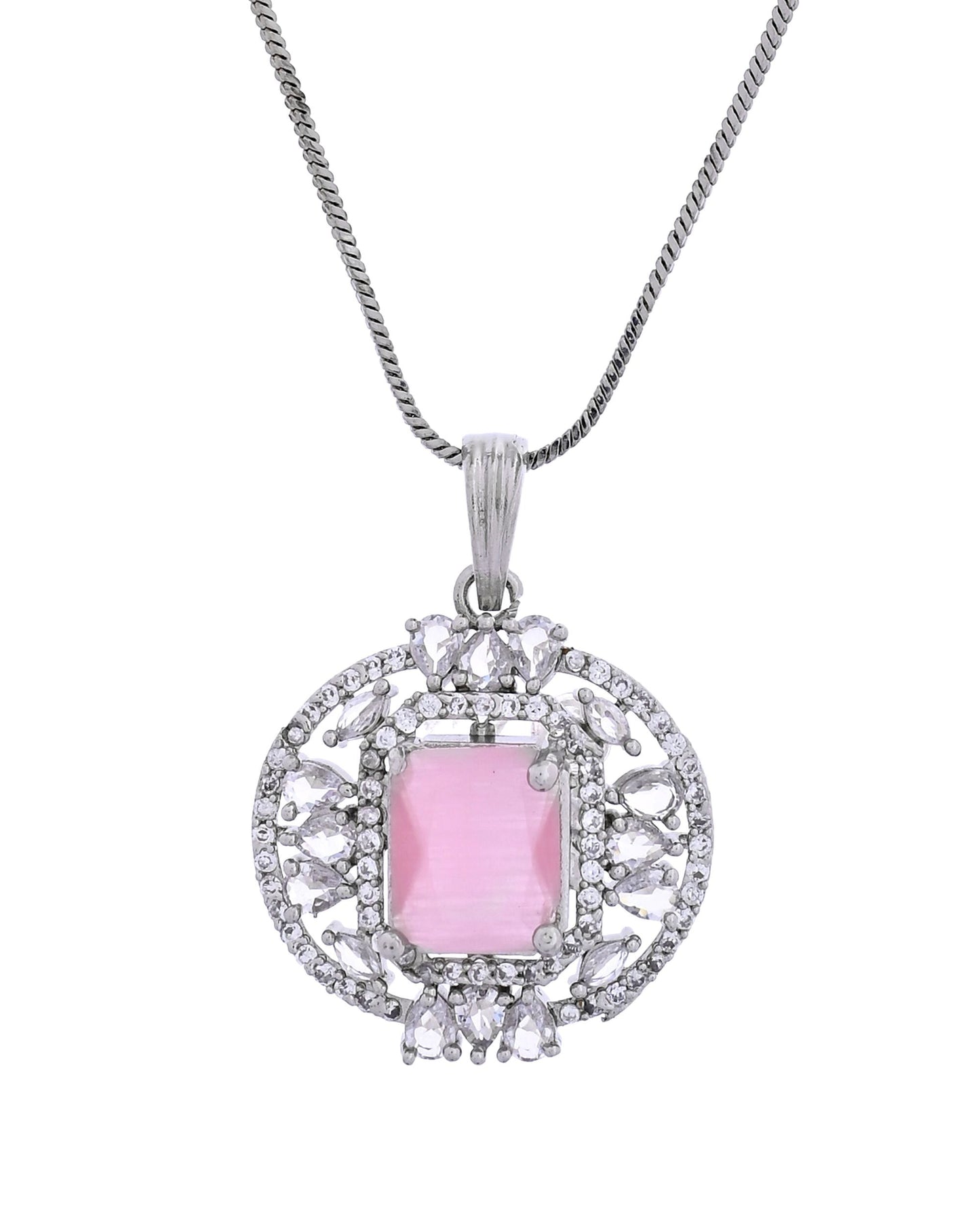 VOJ Silver Plated Baby Pink Rectangular Shaped Ad Chain Set