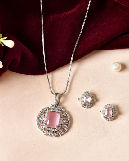 VOJ Silver Plated Baby Pink Rectangular Shaped Ad Chain Set