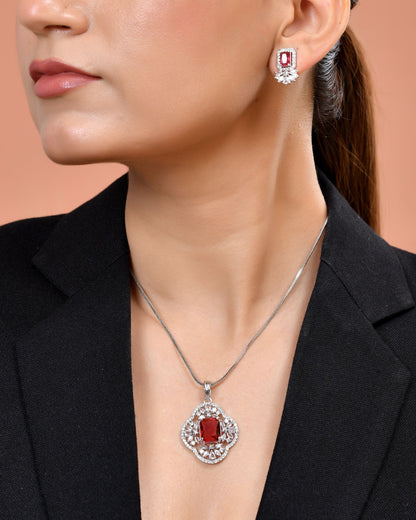 VOJ Silver Plated Ruby Red Rectangular Stone Studded Ad Chain Set