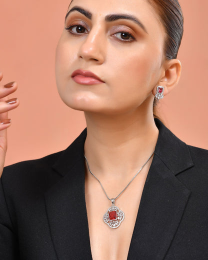 VOJ Silver Plated Ruby Red Rectangular Stone Studded Ad Chain Set