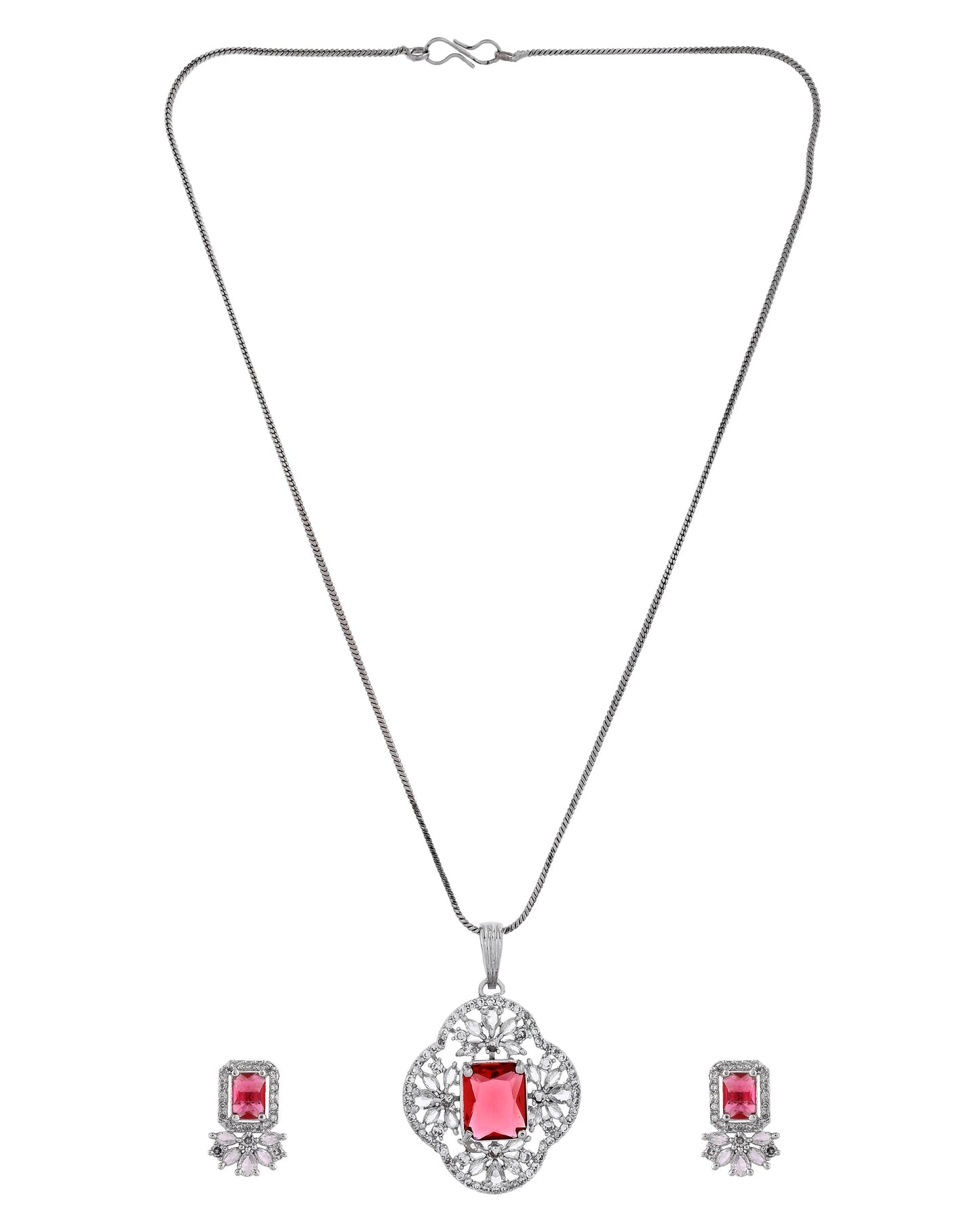 VOJ Silver Plated Ruby Red Rectangular Stone Studded Ad Chain Set