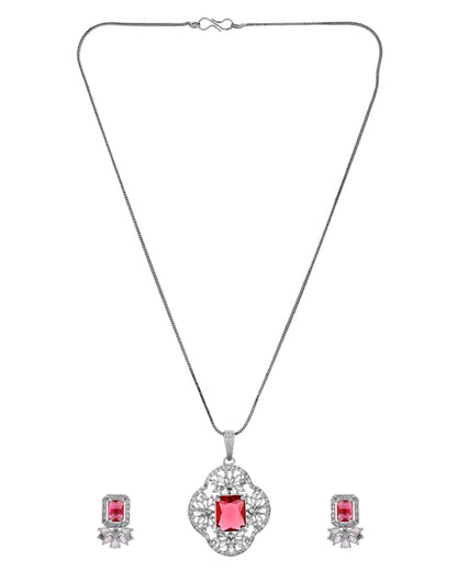 VOJ Silver Plated Ruby Red Rectangular Stone Studded Ad Chain Set