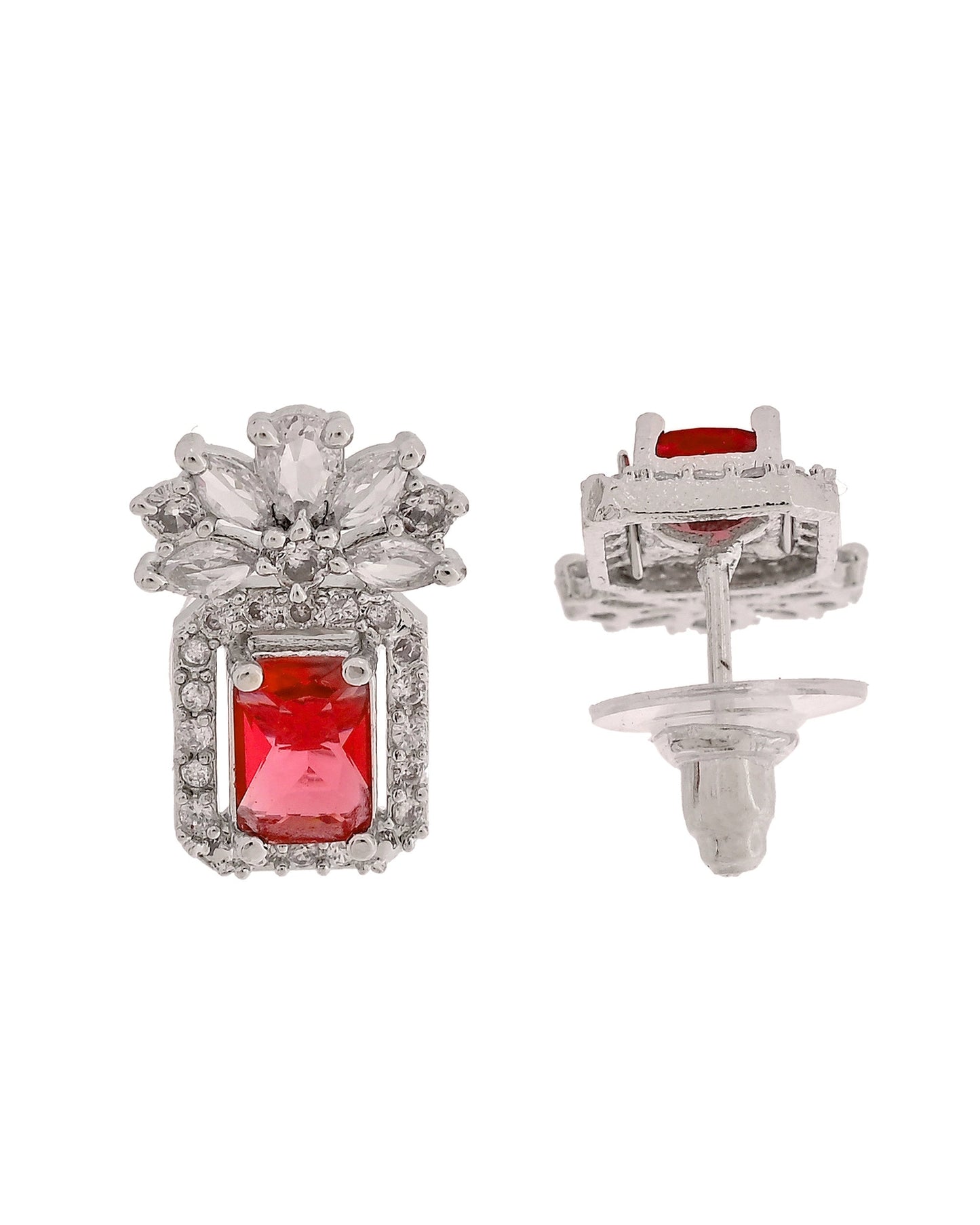 VOJ Silver Plated Ruby Red Rectangular Stone Studded Ad Chain Set