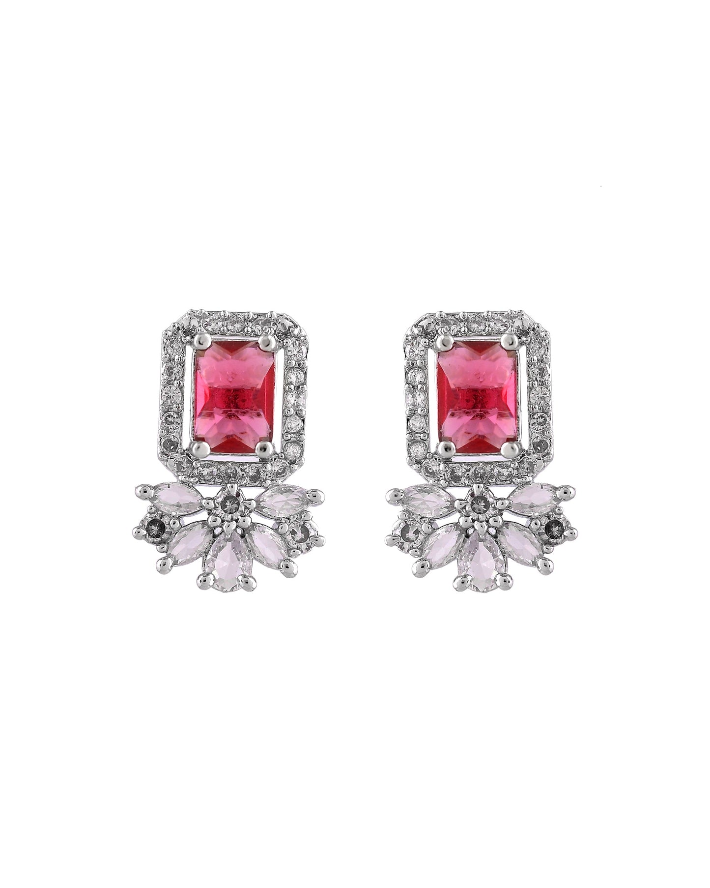 VOJ Silver Plated Ruby Red Rectangular Stone Studded Ad Chain Set