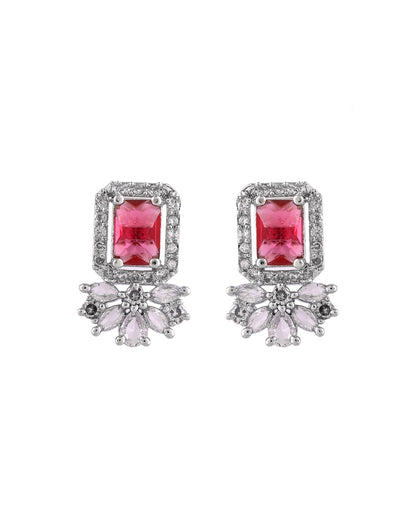 VOJ Silver Plated Ruby Red Rectangular Stone Studded Ad Chain Set