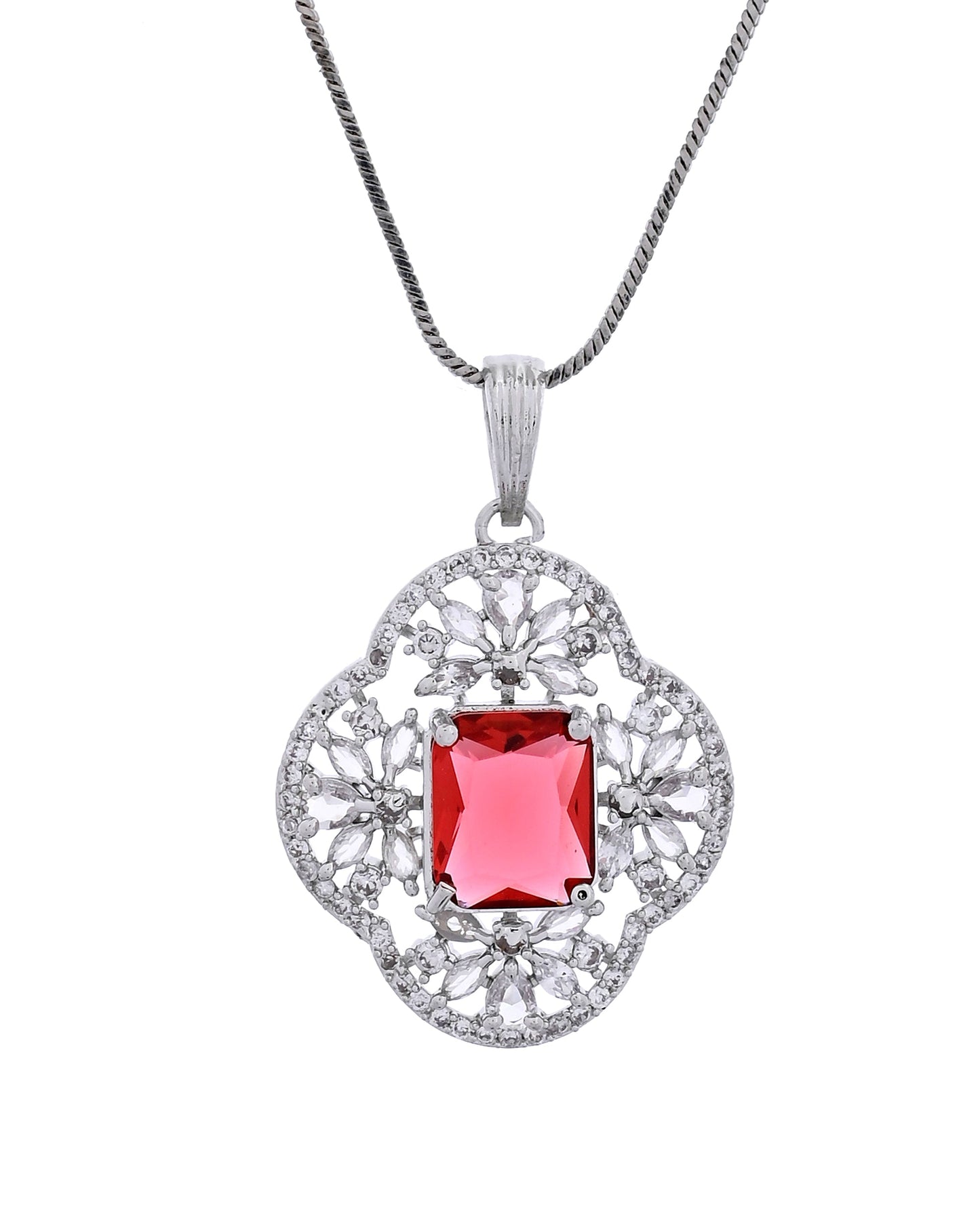 VOJ Silver Plated Ruby Red Rectangular Stone Studded Ad Chain Set