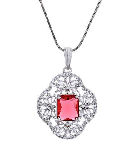 VOJ Silver Plated Ruby Red Rectangular Stone Studded Ad Chain Set