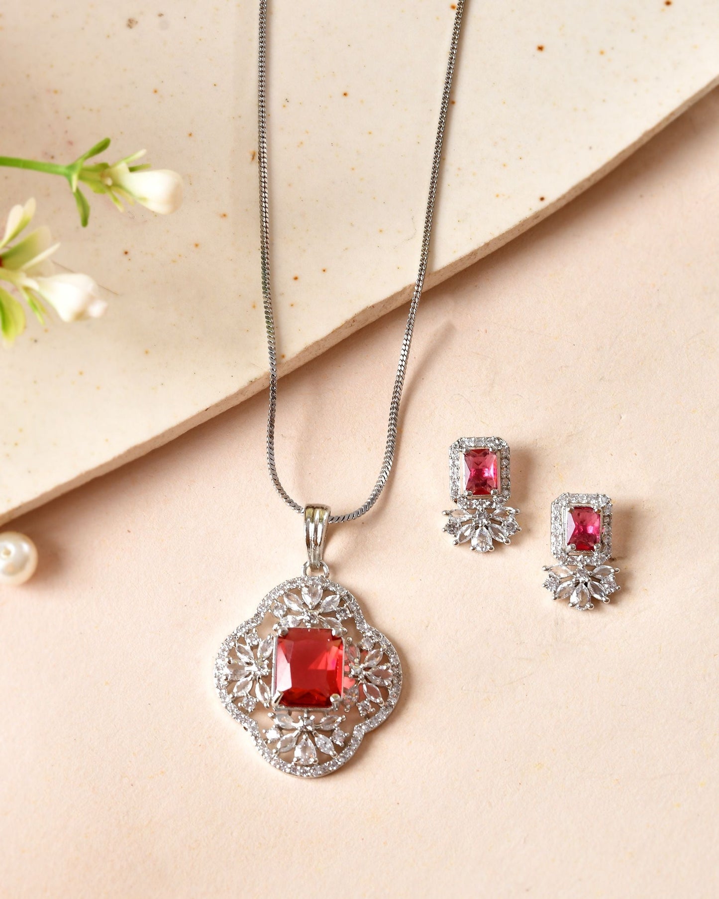 VOJ Silver Plated Ruby Red Rectangular Stone Studded Ad Chain Set