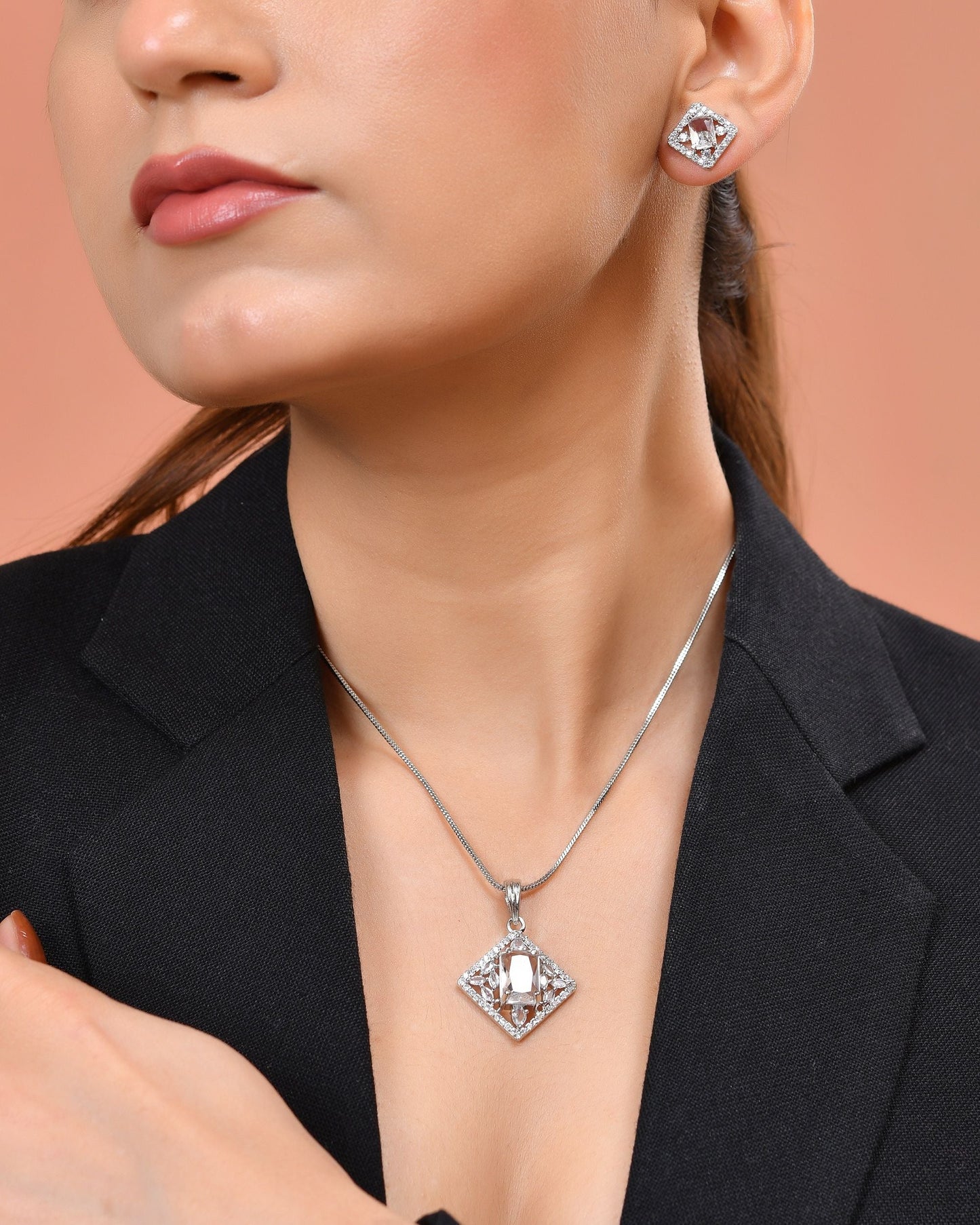 VOJ Silver Plated Square Shaped Ad Pendant With Chain Set