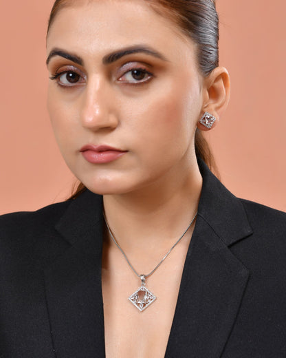 VOJ Silver Plated Square Shaped Ad Pendant With Chain Set
