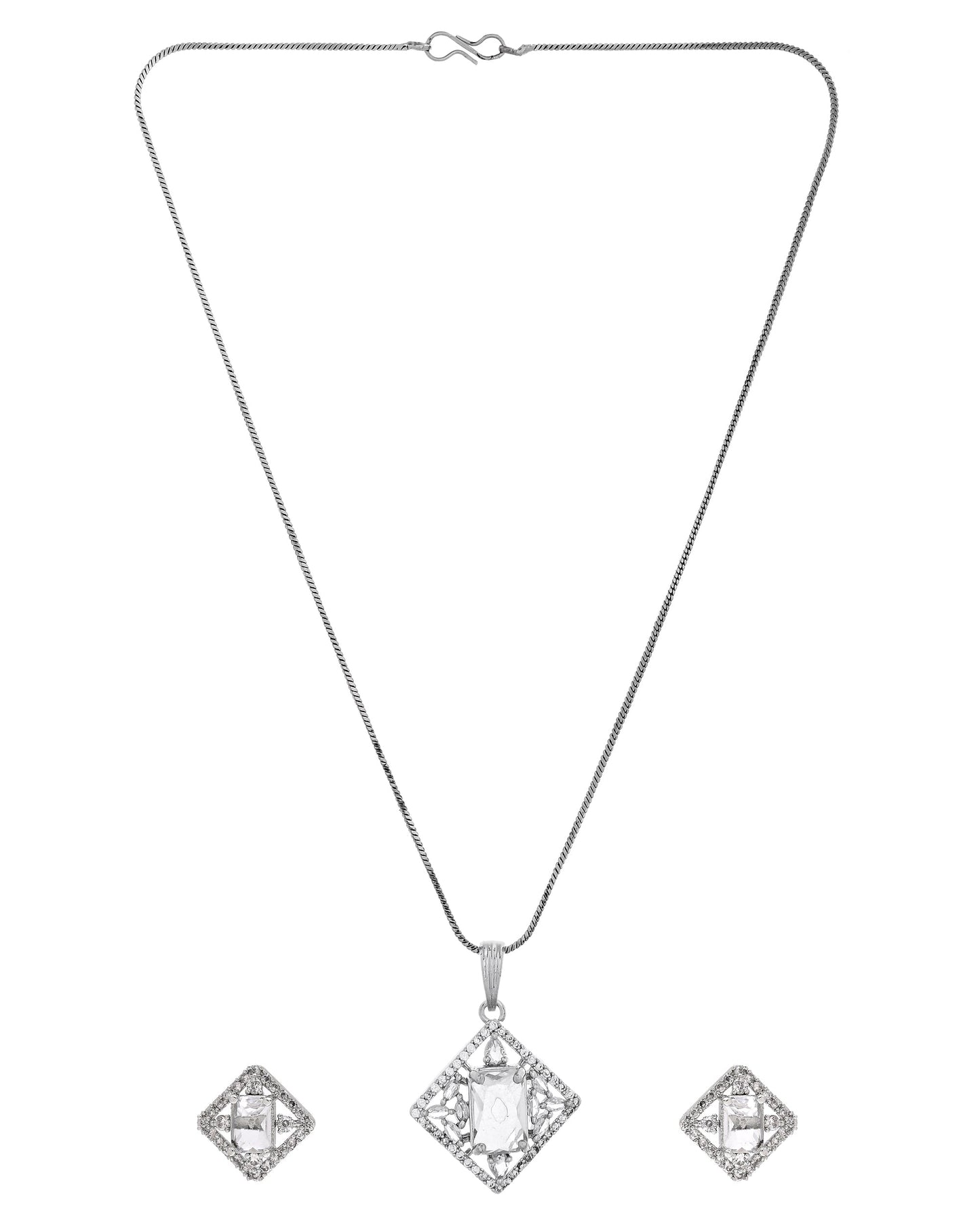 VOJ Silver Plated Square Shaped Ad Pendant With Chain Set
