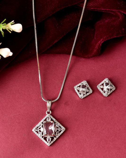 VOJ Silver Plated Square Shaped Ad Pendant With Chain Set