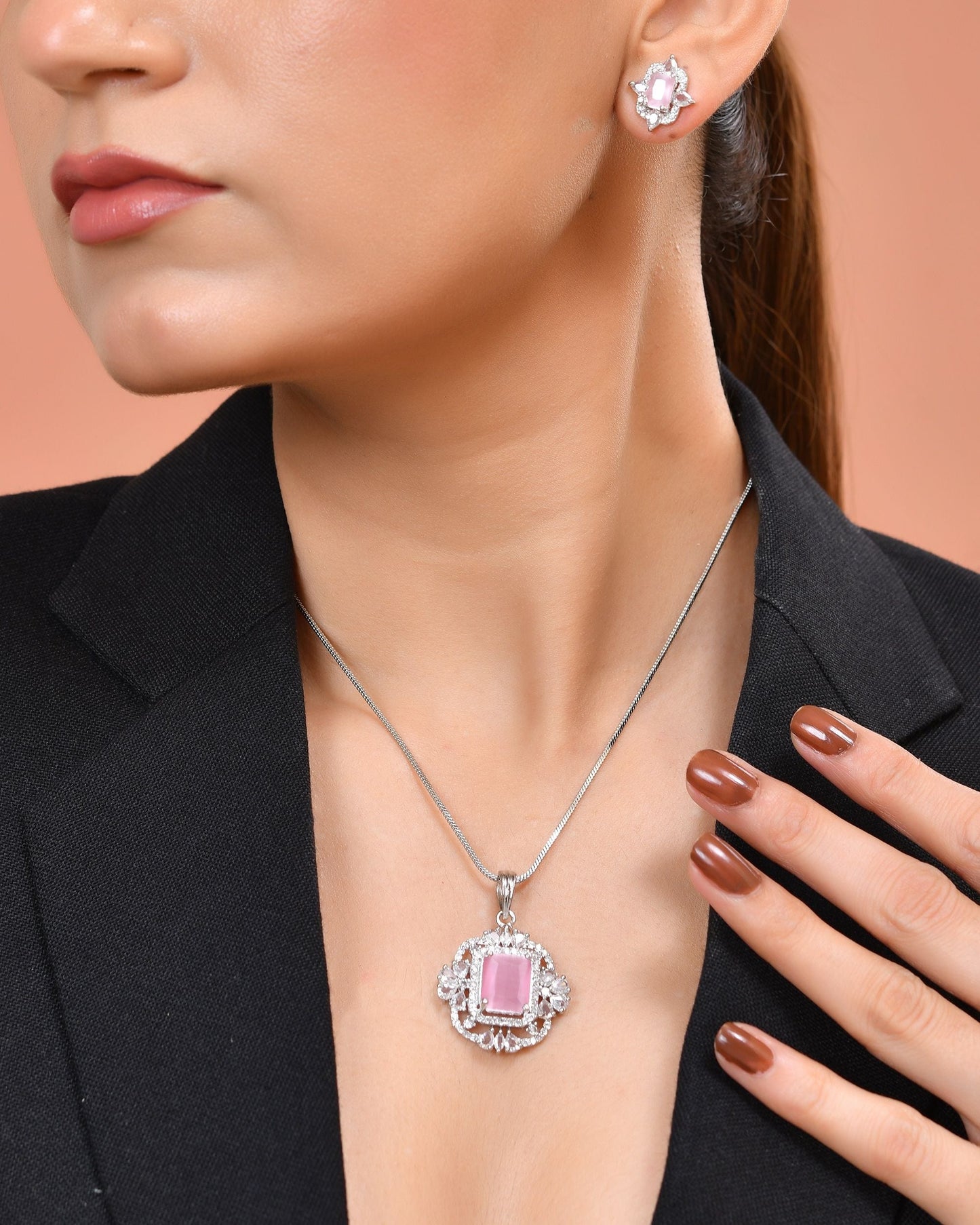 VOJ Silver Plated Baby Pink Rectangular Shaped Stone Studded Ad Chain Set