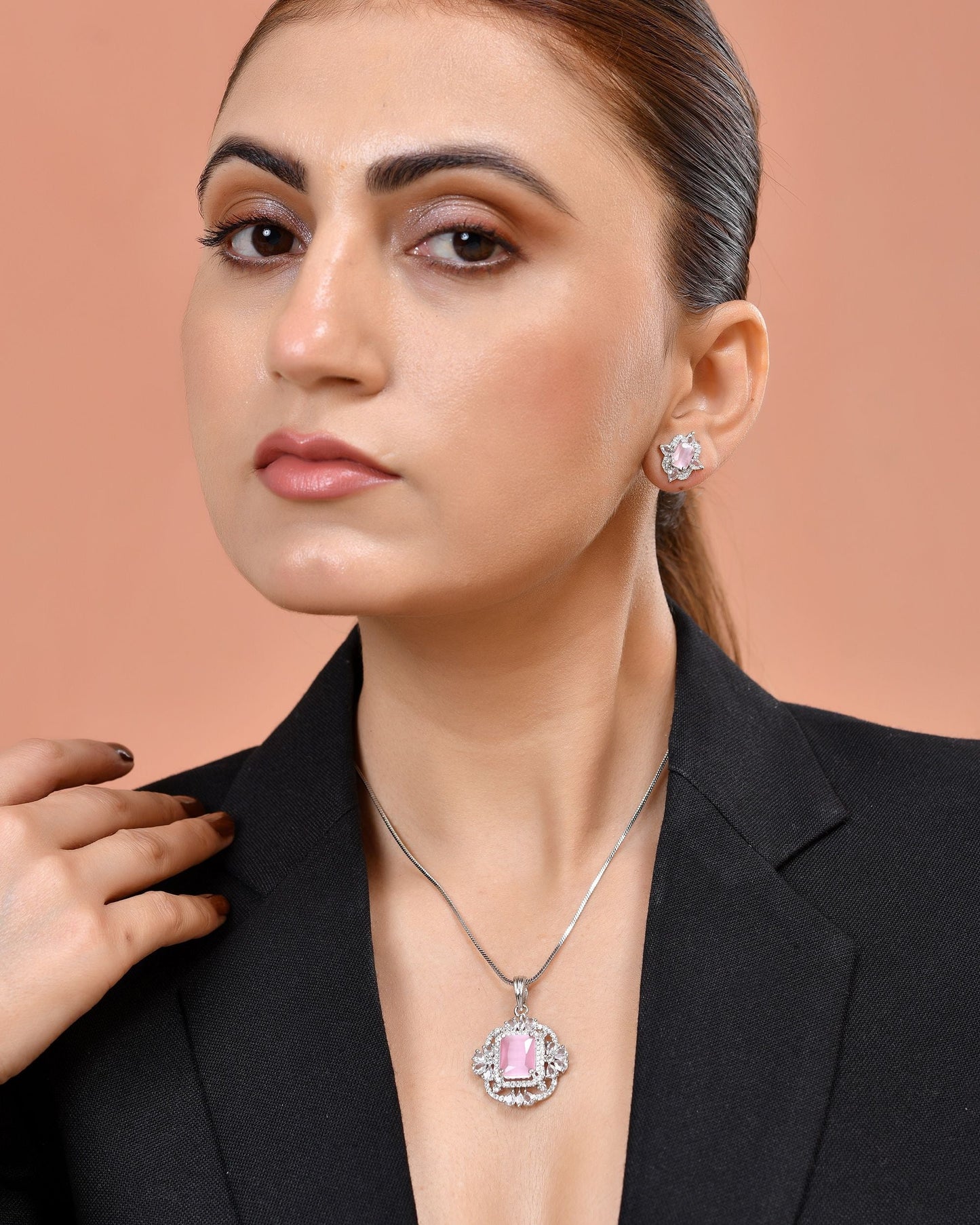 VOJ Silver Plated Baby Pink Rectangular Shaped Stone Studded Ad Chain Set