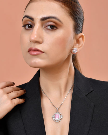 VOJ Silver Plated Baby Pink Rectangular Shaped Stone Studded Ad Chain Set