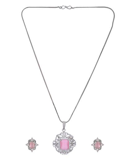 VOJ Silver Plated Baby Pink Rectangular Shaped Stone Studded Ad Chain Set