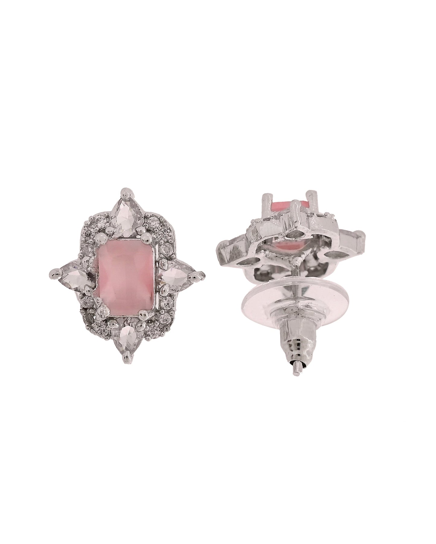 VOJ Silver Plated Baby Pink Rectangular Shaped Stone Studded Ad Chain Set