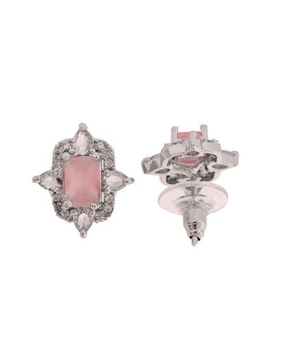 VOJ Silver Plated Baby Pink Rectangular Shaped Stone Studded Ad Chain Set