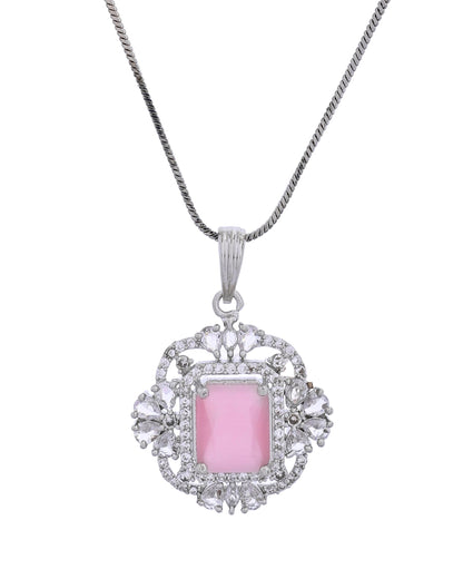VOJ Silver Plated Baby Pink Rectangular Shaped Stone Studded Ad Chain Set
