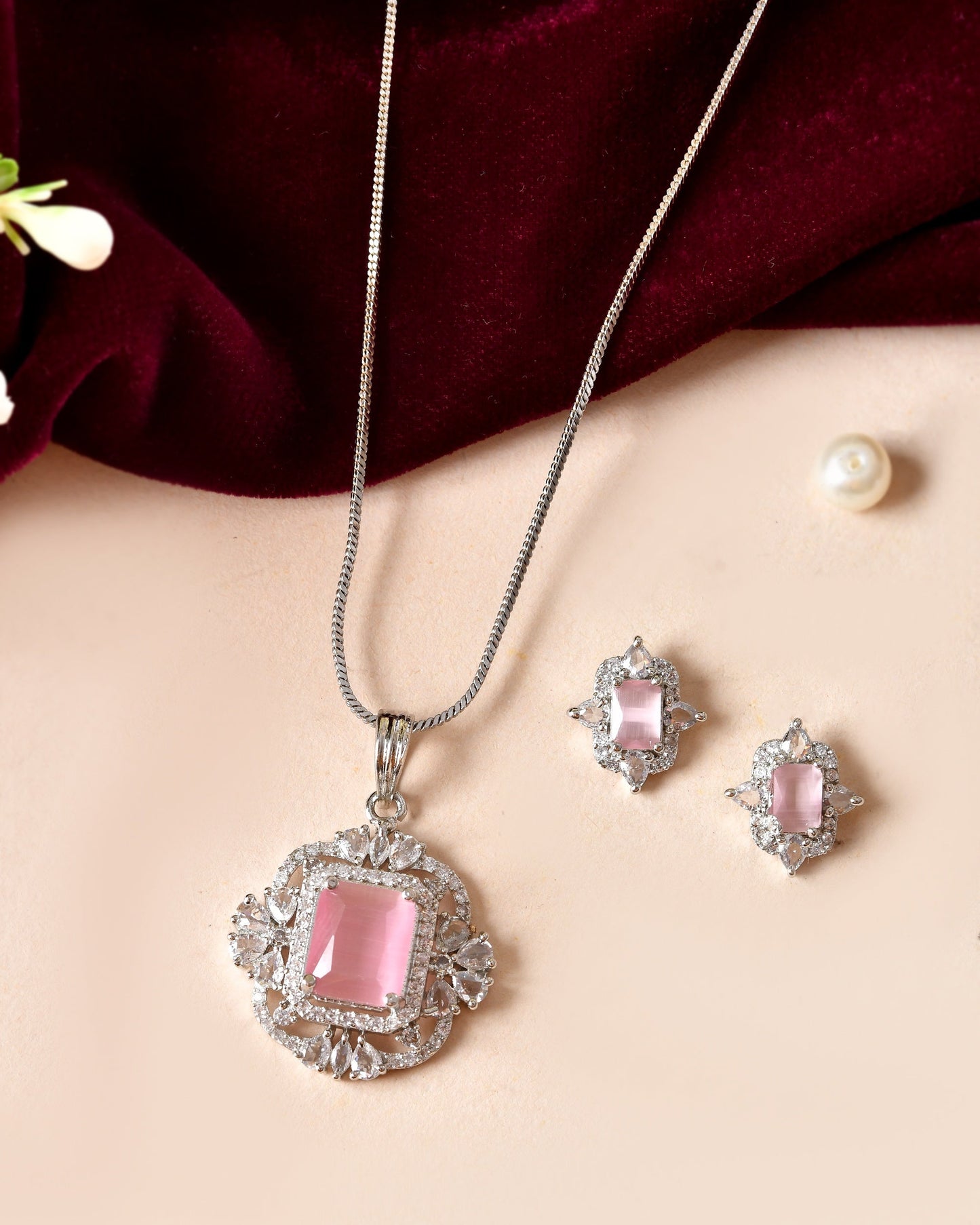 VOJ Silver Plated Baby Pink Rectangular Shaped Stone Studded Ad Chain Set