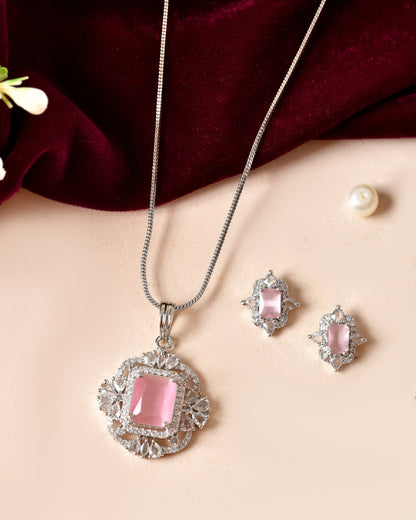 VOJ Silver Plated Baby Pink Rectangular Shaped Stone Studded Ad Chain Set