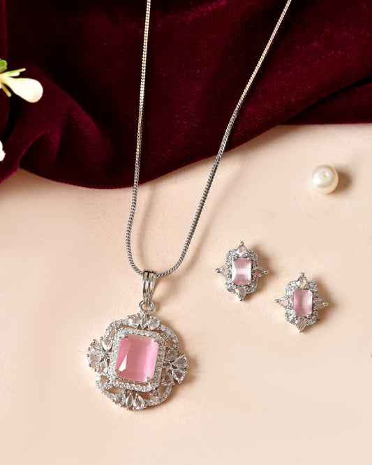 VOJ Silver Plated Baby Pink Rectangular Shaped Stone Studded Ad Chain Set