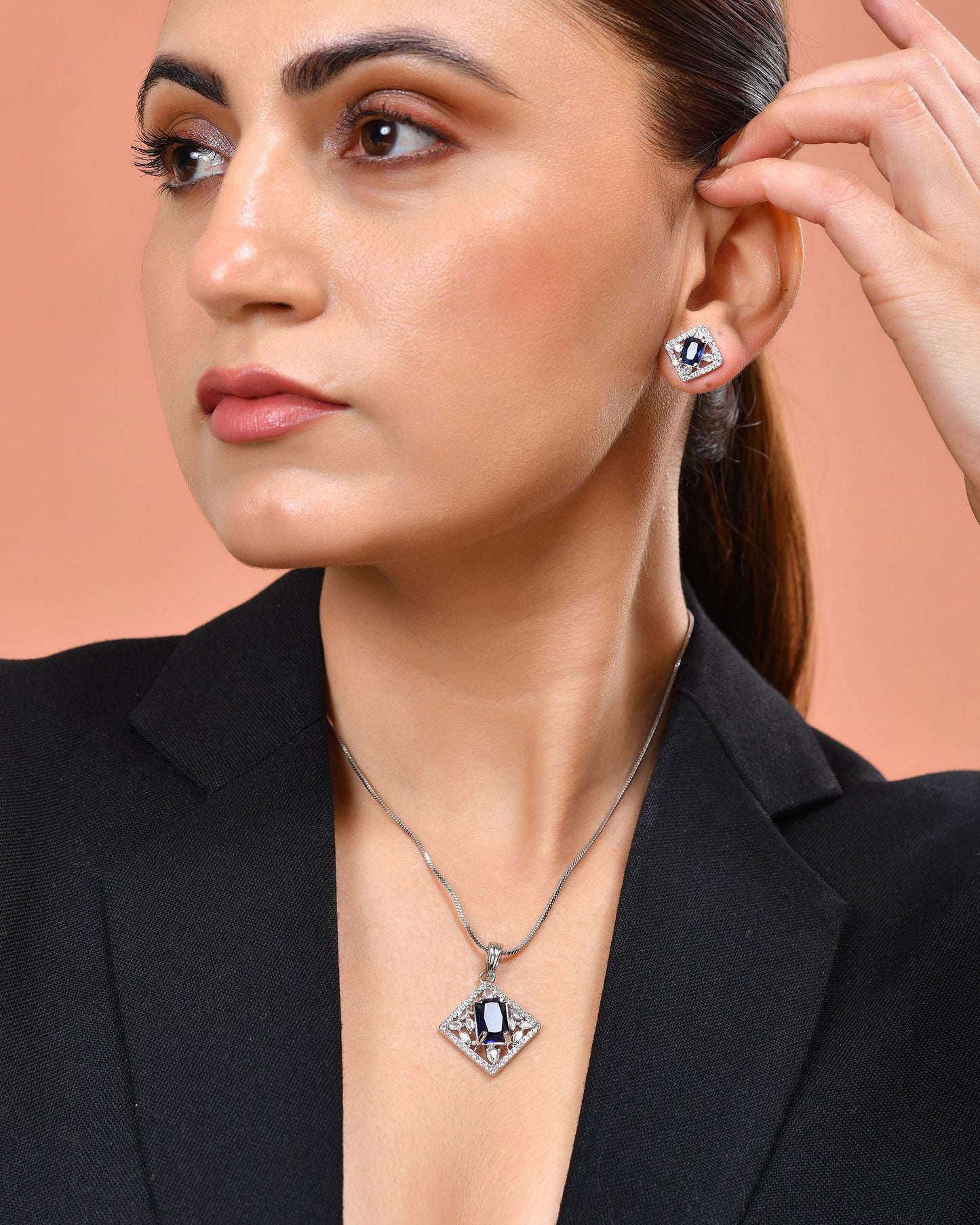 VOJ Silver Plated Blue Rectangular Shaped Stone With Square Shaped Ad Pendant With Chain Set