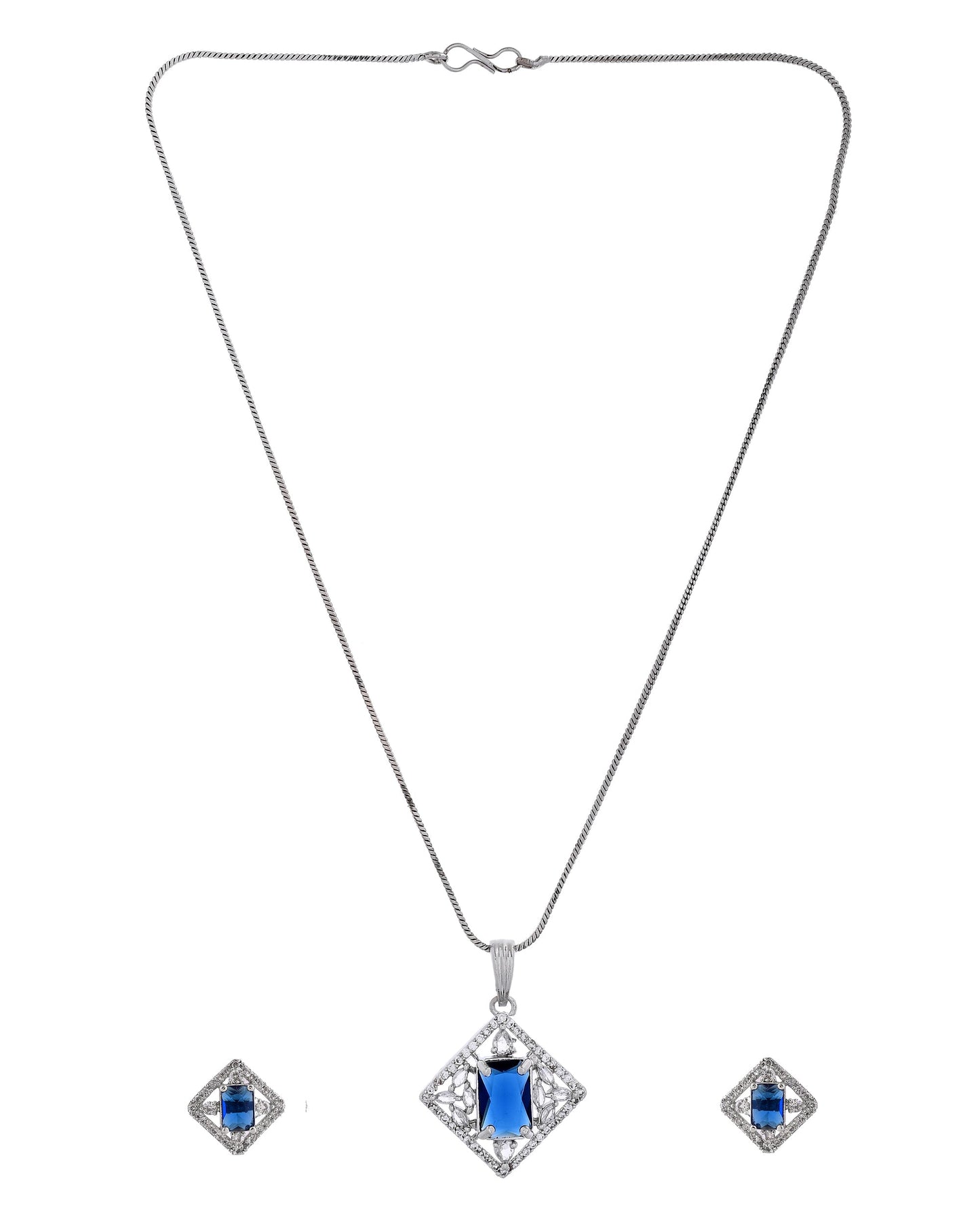 VOJ Silver Plated Blue Rectangular Shaped Stone With Square Shaped Ad Pendant With Chain Set