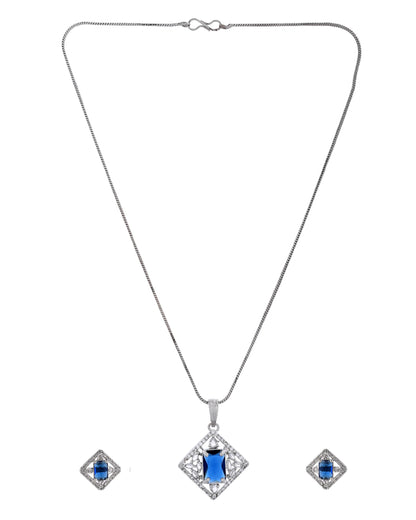 VOJ Silver Plated Blue Rectangular Shaped Stone With Square Shaped Ad Pendant With Chain Set