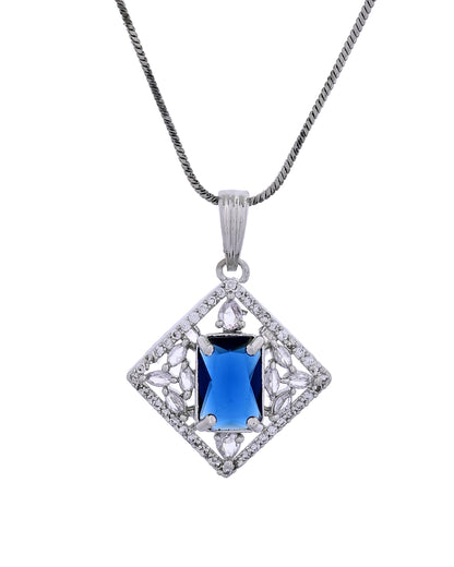 VOJ Silver Plated Blue Rectangular Shaped Stone With Square Shaped Ad Pendant With Chain Set