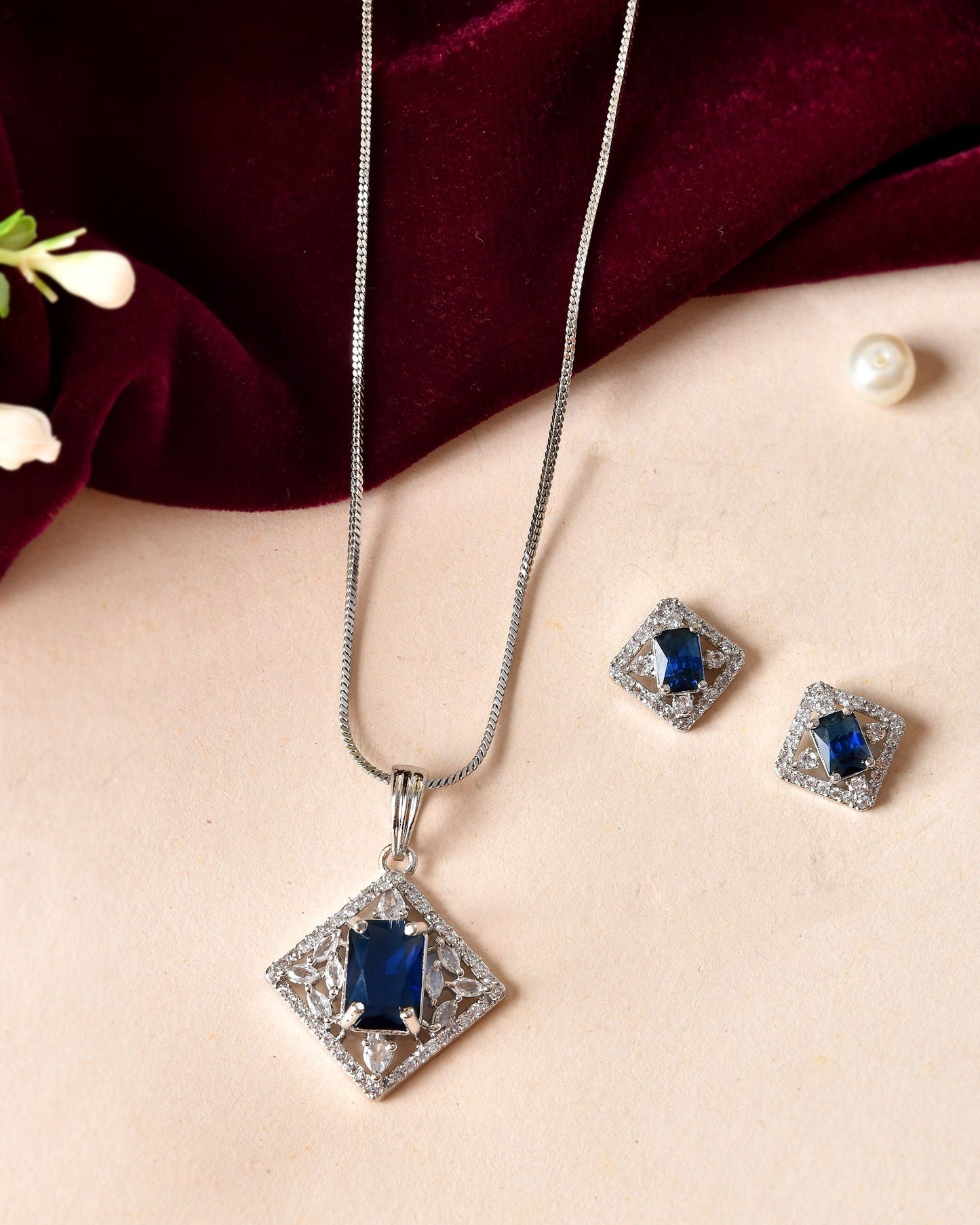 VOJ Silver Plated Blue Rectangular Shaped Stone With Square Shaped Ad Pendant With Chain Set