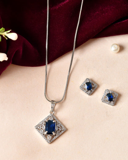VOJ Silver Plated Blue Rectangular Shaped Stone With Square Shaped Ad Pendant With Chain Set