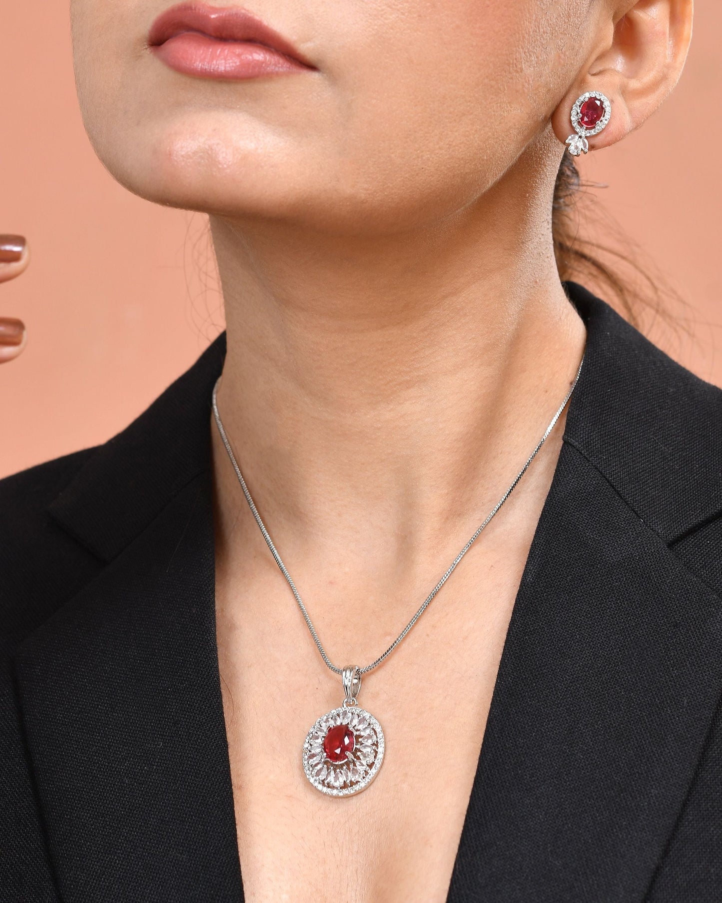 VOJ Silver Plated Oval Shaped Ruby Red Ad Chain Set