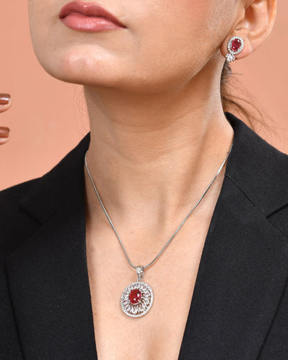 VOJ Silver Plated Oval Shaped Ruby Red Ad Chain Set