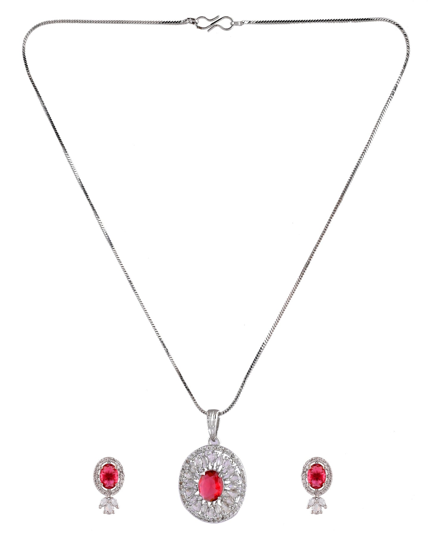 VOJ Silver Plated Oval Shaped Ruby Red Ad Chain Set